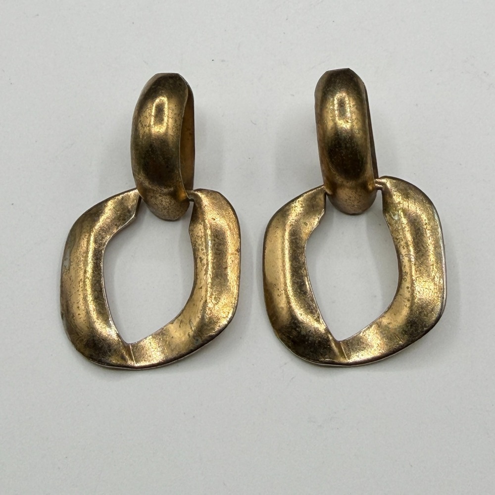 Gold Tone Geometric Door Knocker Dangle Earrings Chunky Statement Pierced Pair - Picture 10 of 13